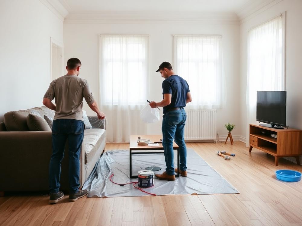 Painters covering furniture with protective sheeting before painting a living room