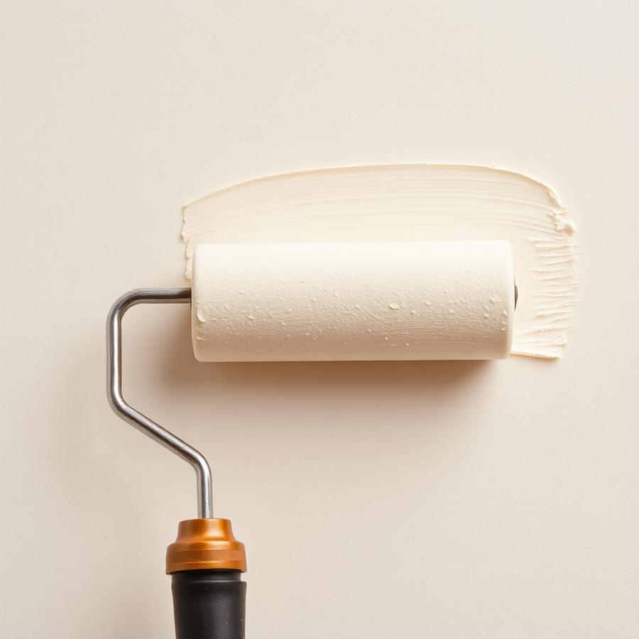 Close view of a paint roller applying a smooth off-white finish