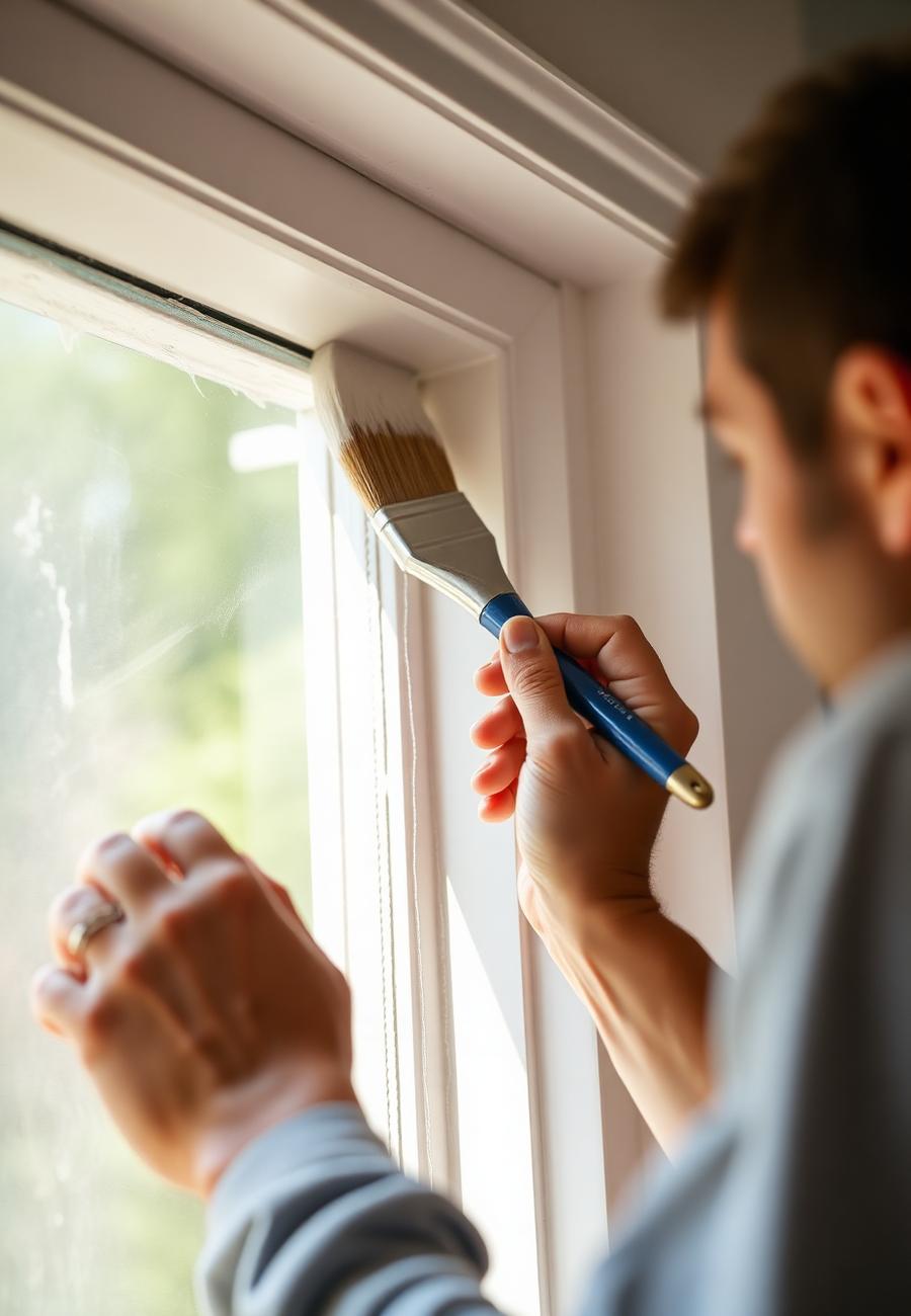 Painter brushing crisp white paint onto interior window trim
