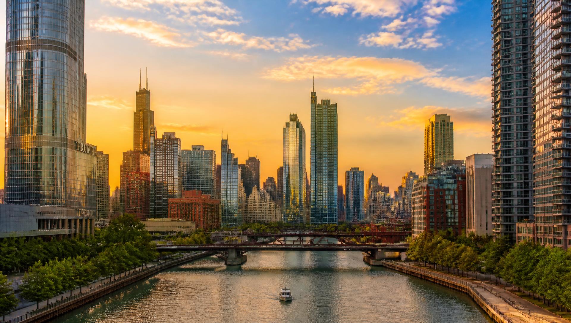 Downtown Chicago skyline at golden hour above the Chicago River
