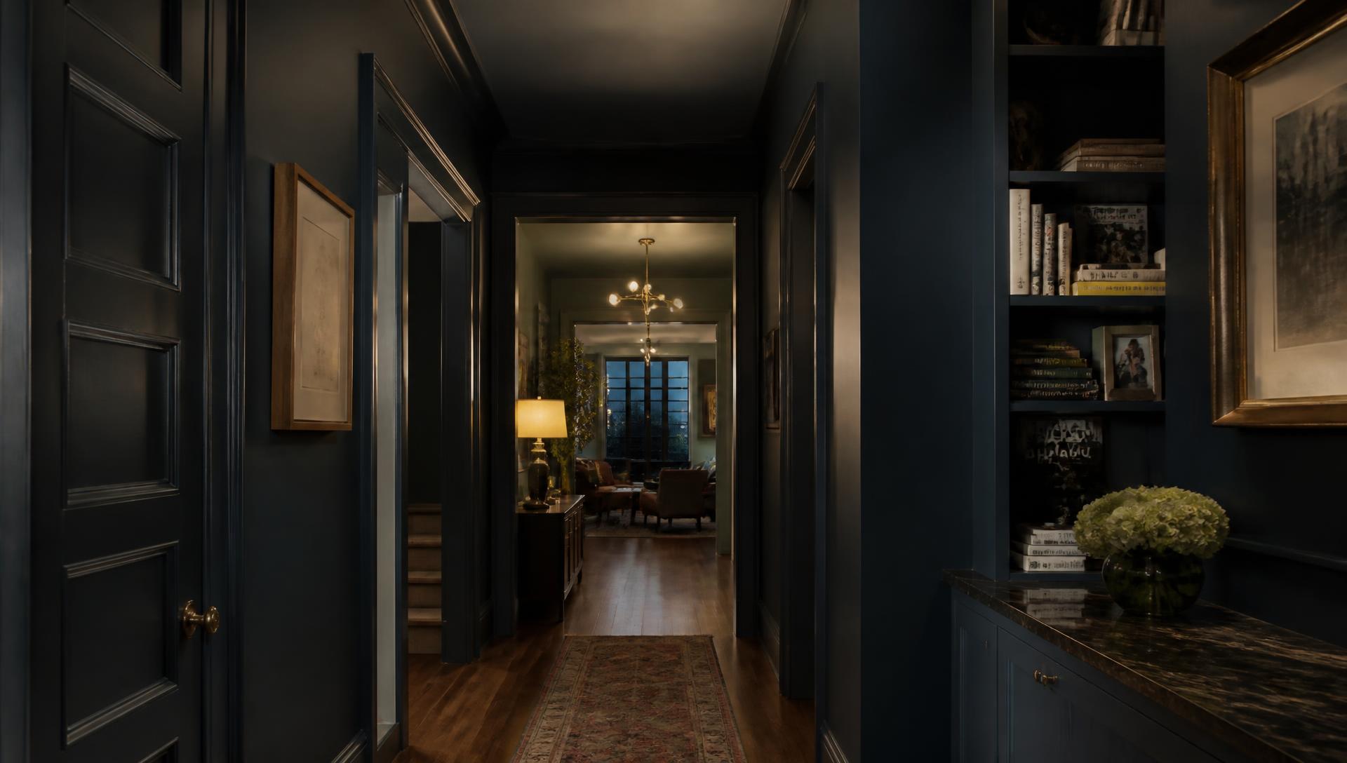 Elegant Chicago home hallway painted in deep navy at dusk