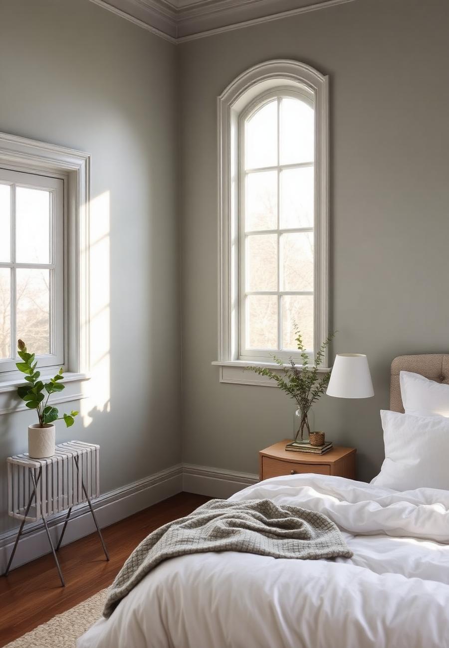 Freshly painted bedroom in a soft warm gray with crisp white trim