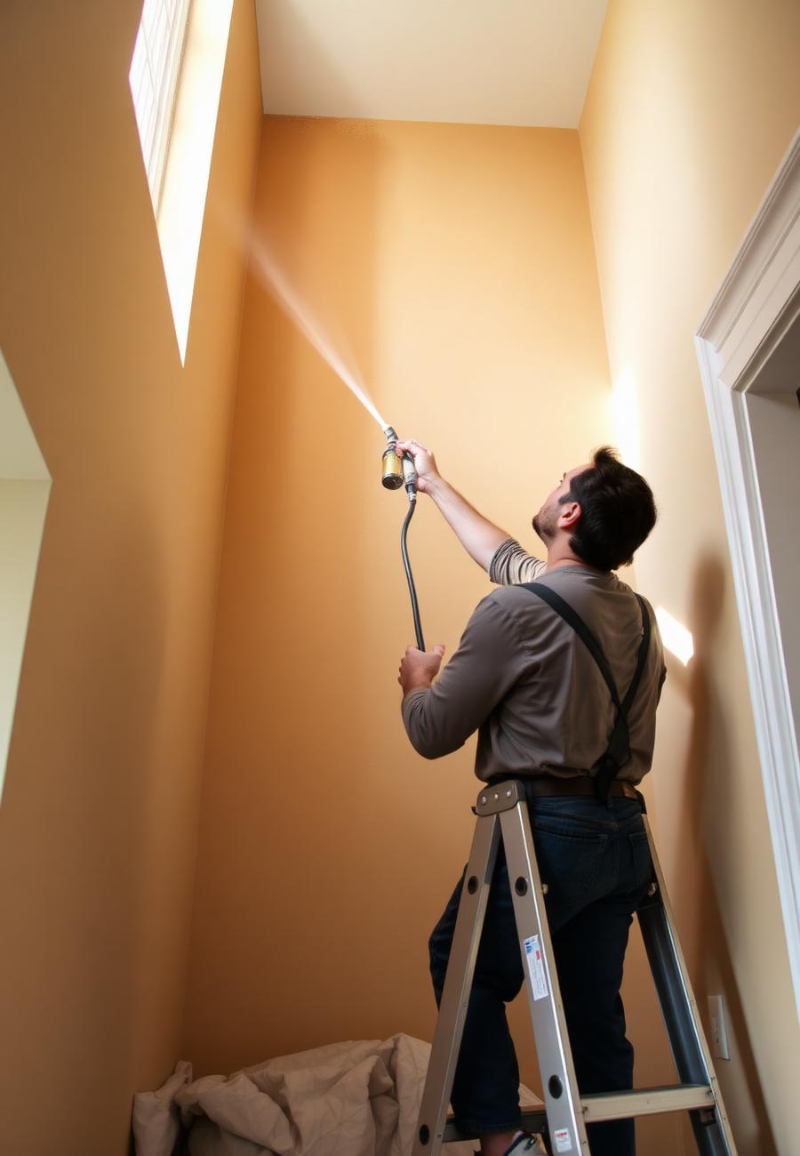 Painter spraying a tall stairwell wall from a ladder