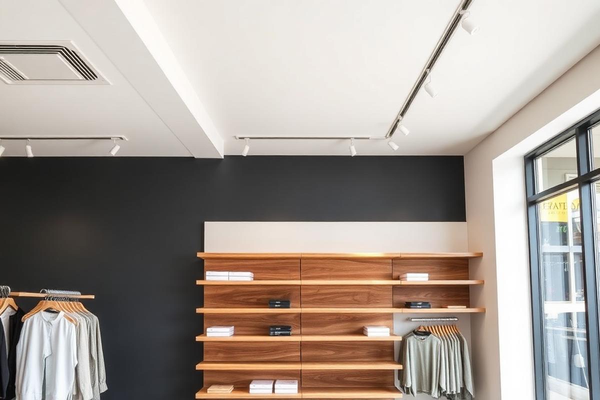 Retail boutique interior with a freshly painted charcoal feature wall