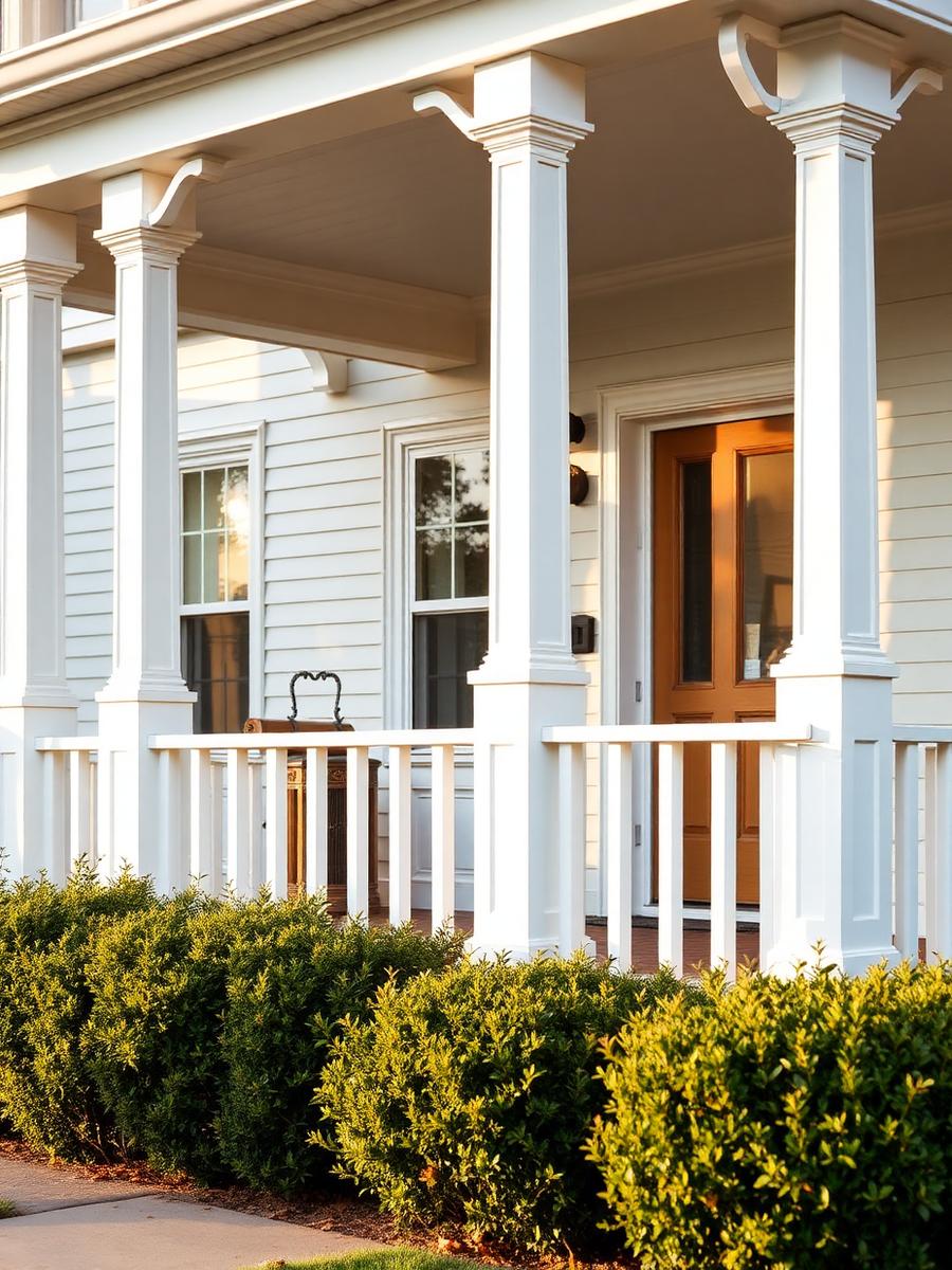 Freshly painted white porch columns and railing at golden hour