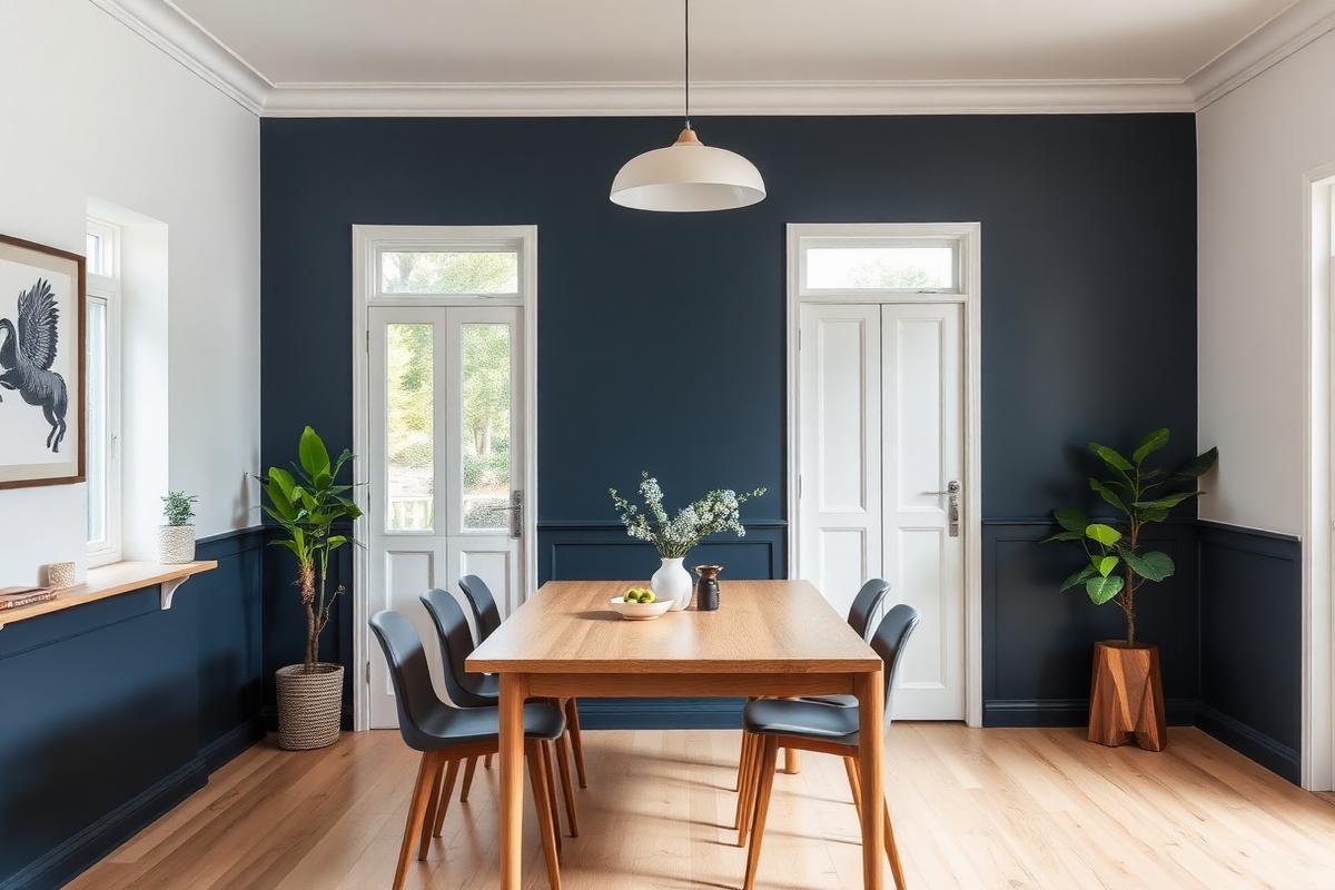 Dining room with a deep navy accent wall and white paneling