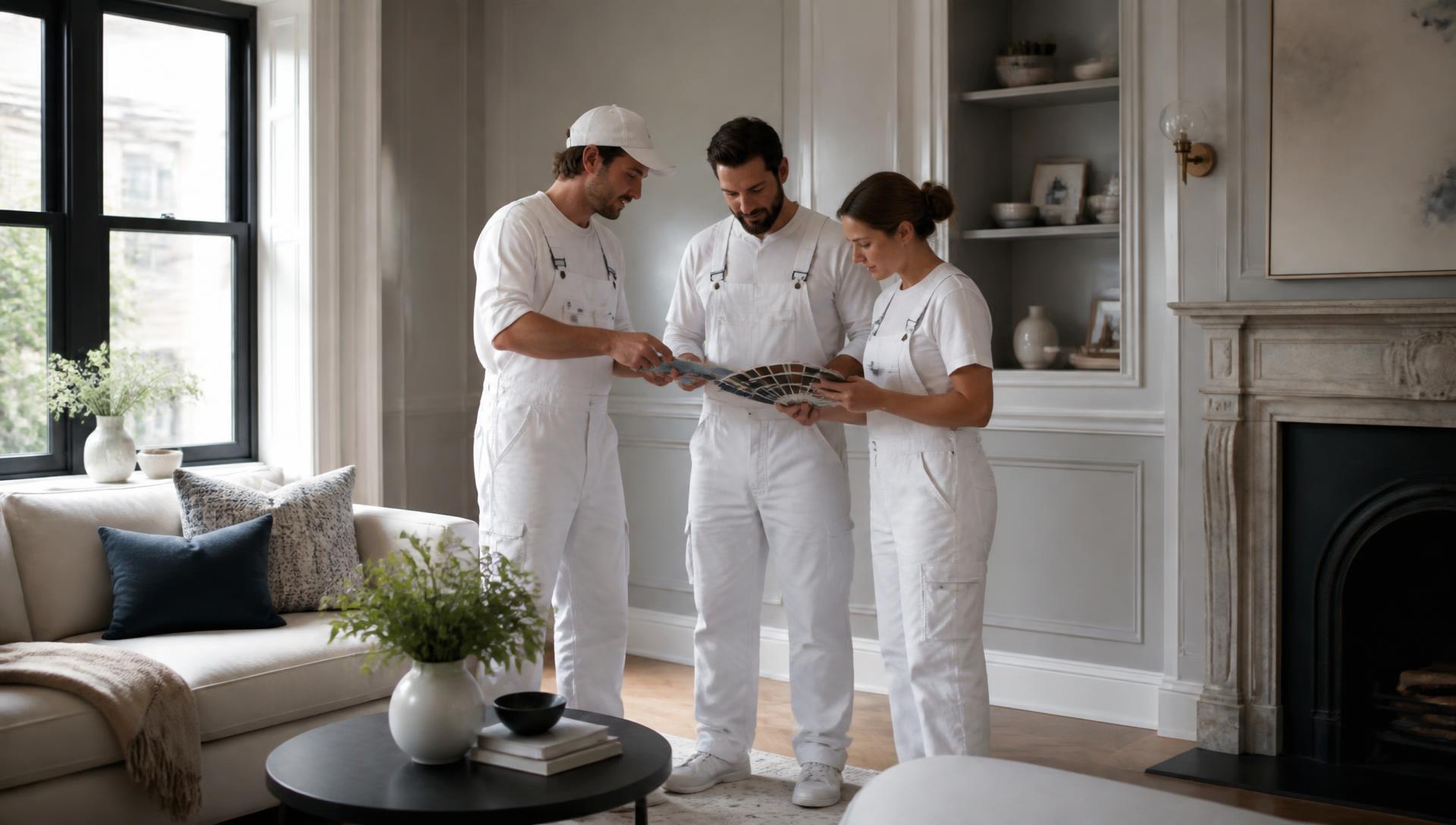 Painting crew reviewing color swatches in a bright Chicago living room