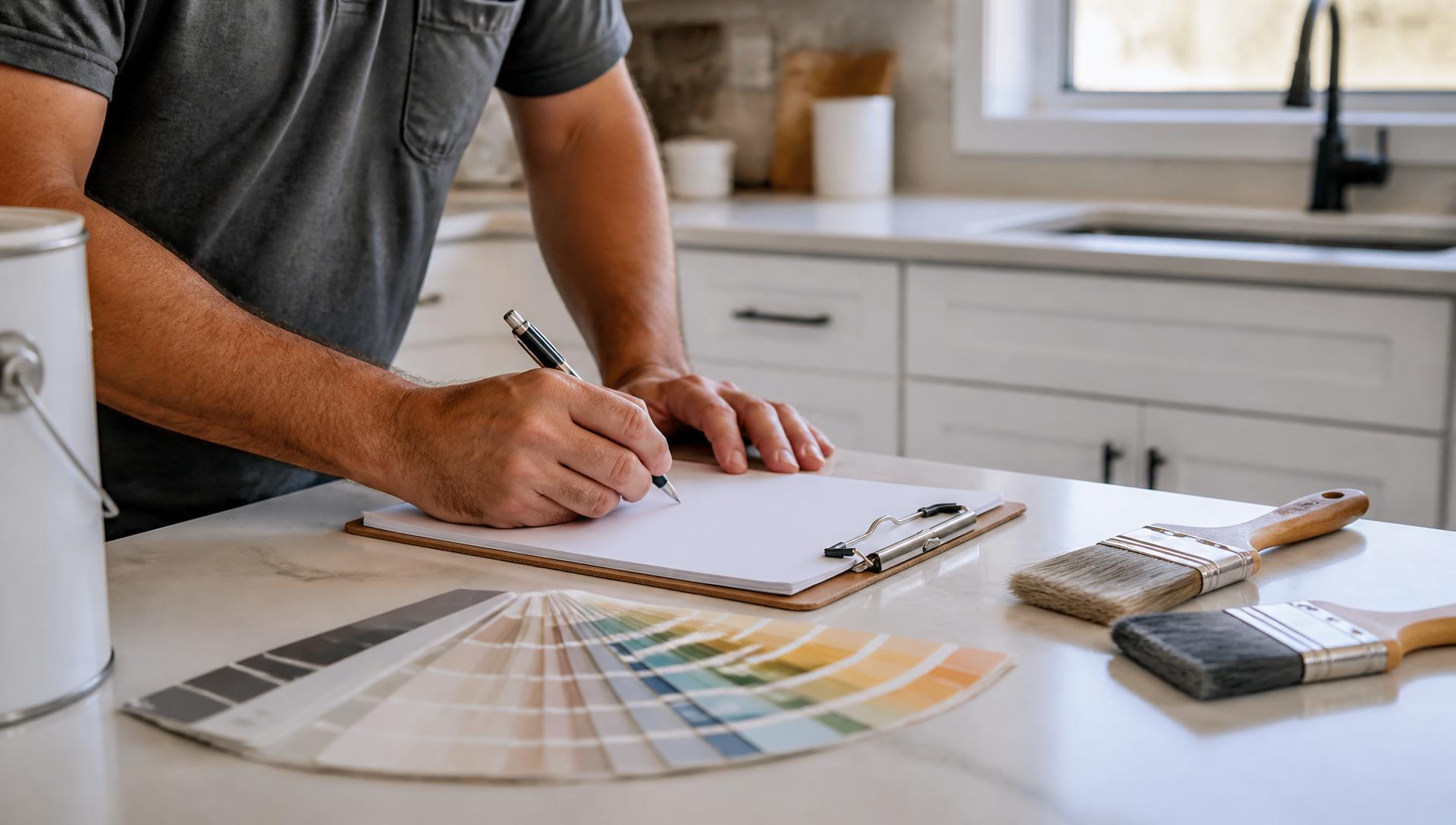 Contractor writing a painting estimate beside brushes and a color fan deck