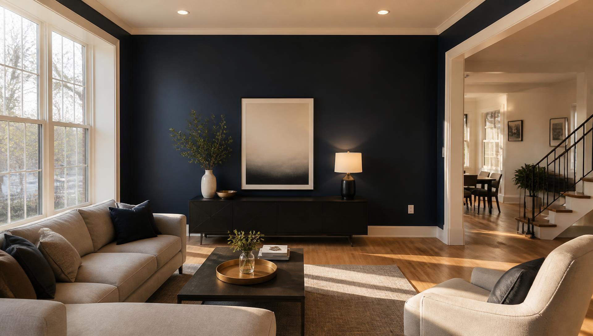Chicago living room with a deep navy accent wall in warm afternoon light