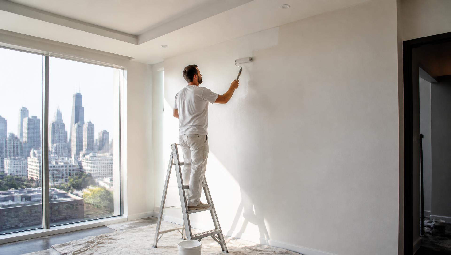 Painter rolling a fresh coat of paint in a high-rise Chicago apartment