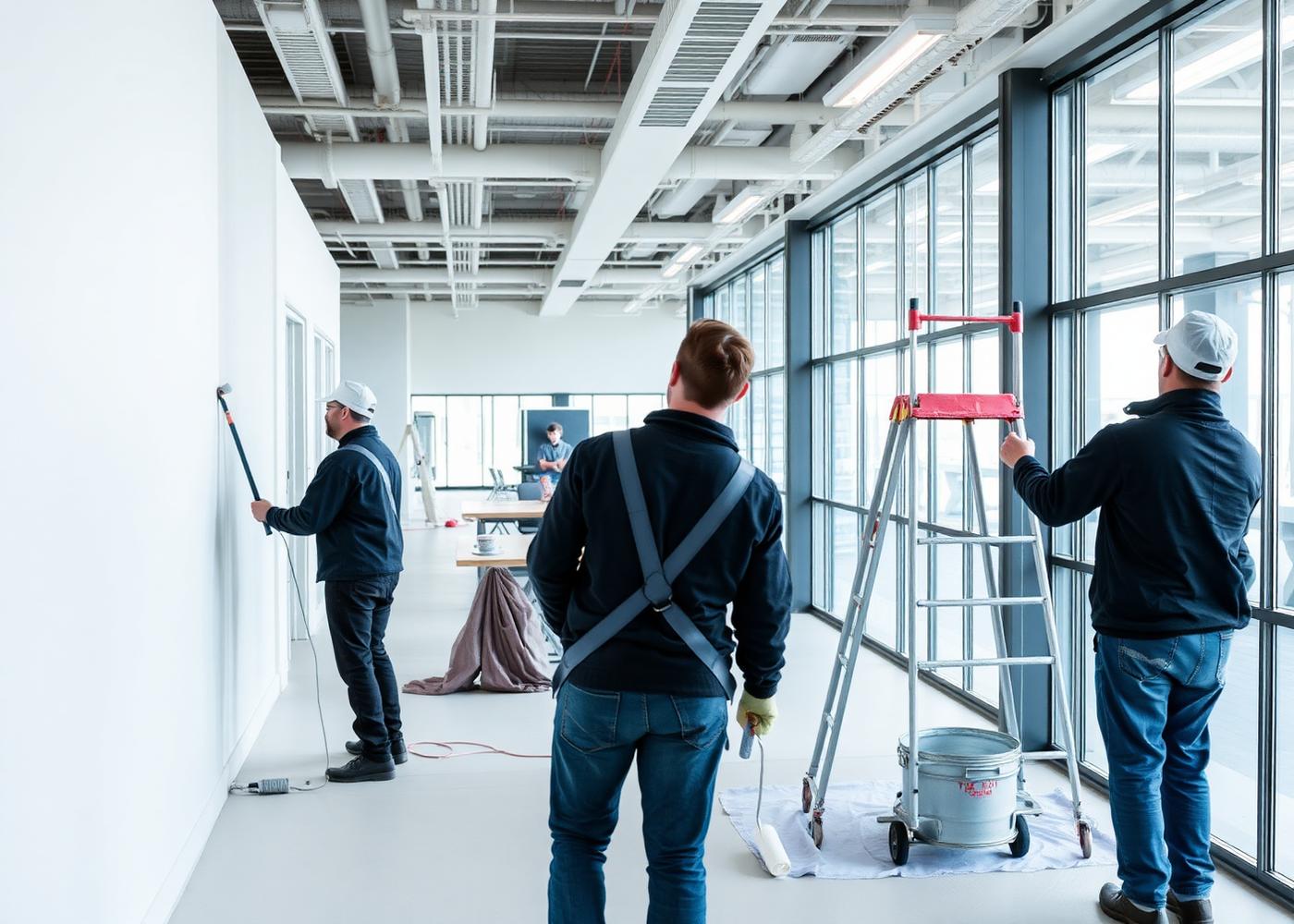 Commercial painting crew rolling fresh paint in a modern open-plan office