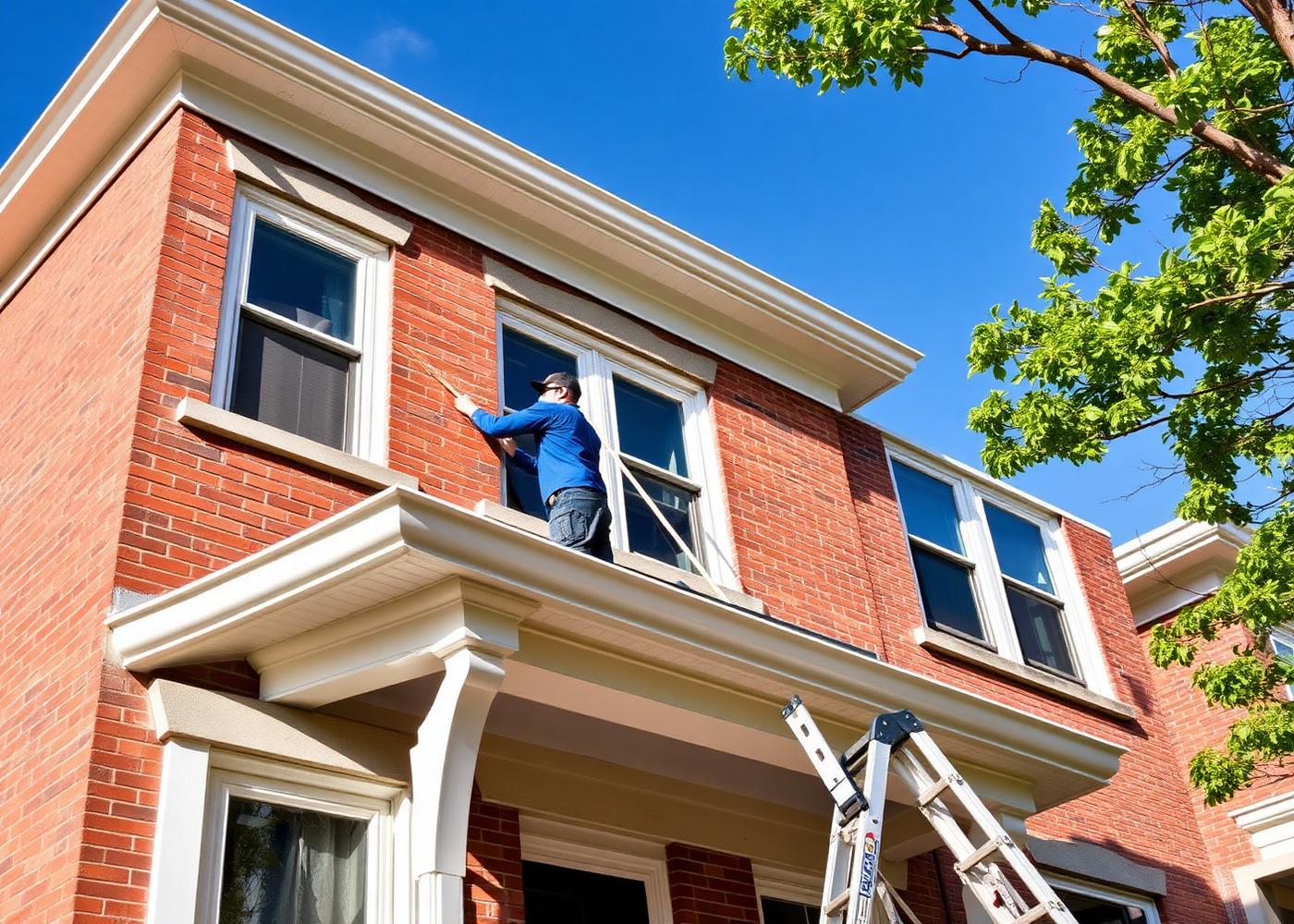 Painter on a ladder painting the trim of a Chicago brick two-flat home