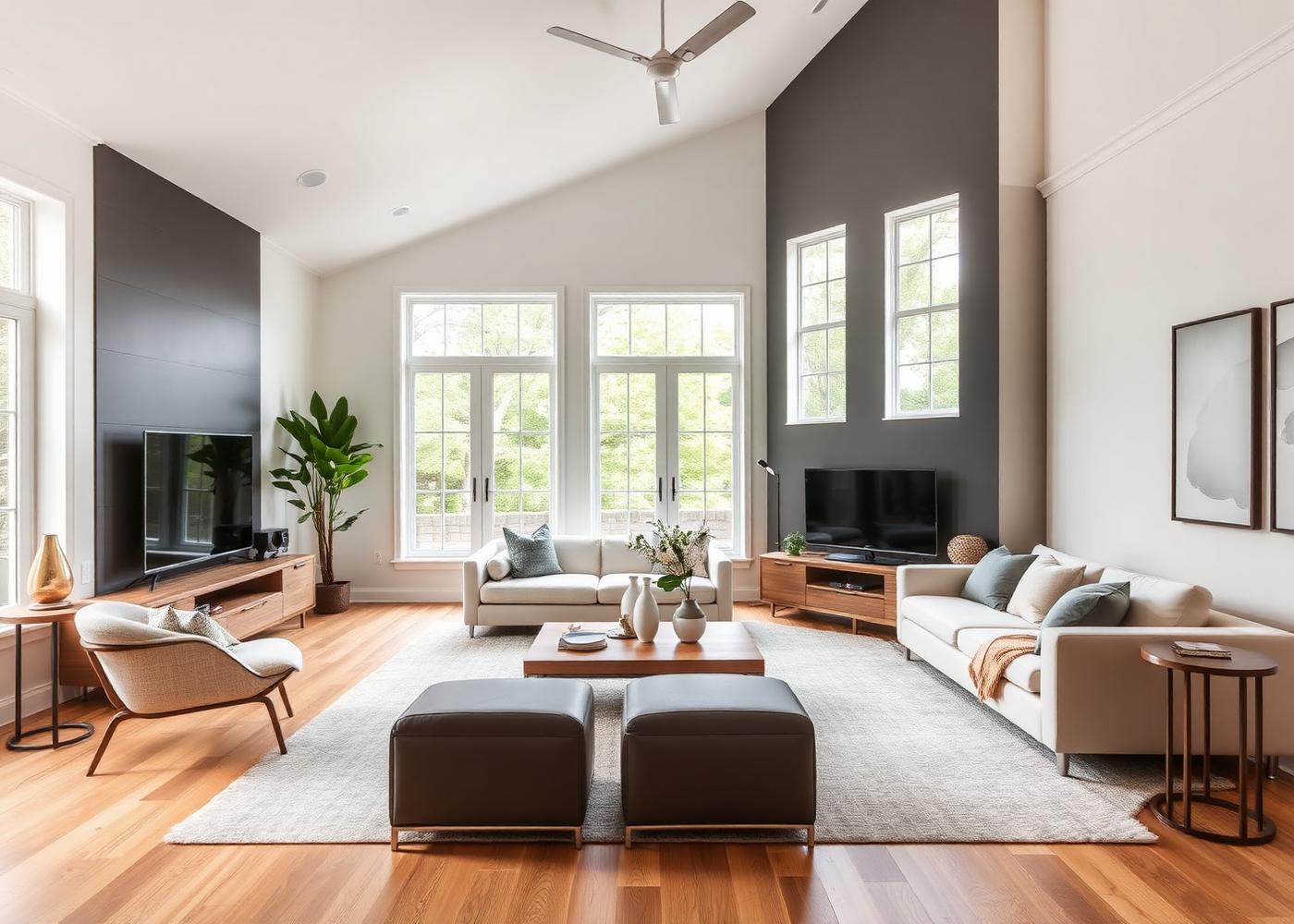 Luxury modern living room with freshly painted warm white walls and a charcoal accent wall