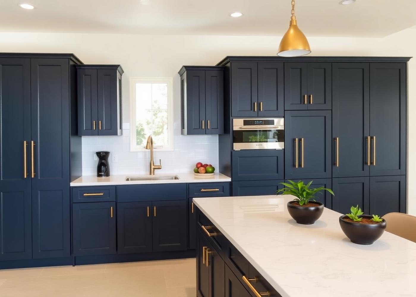 Remodeled kitchen with freshly painted deep navy cabinetry and brass hardware