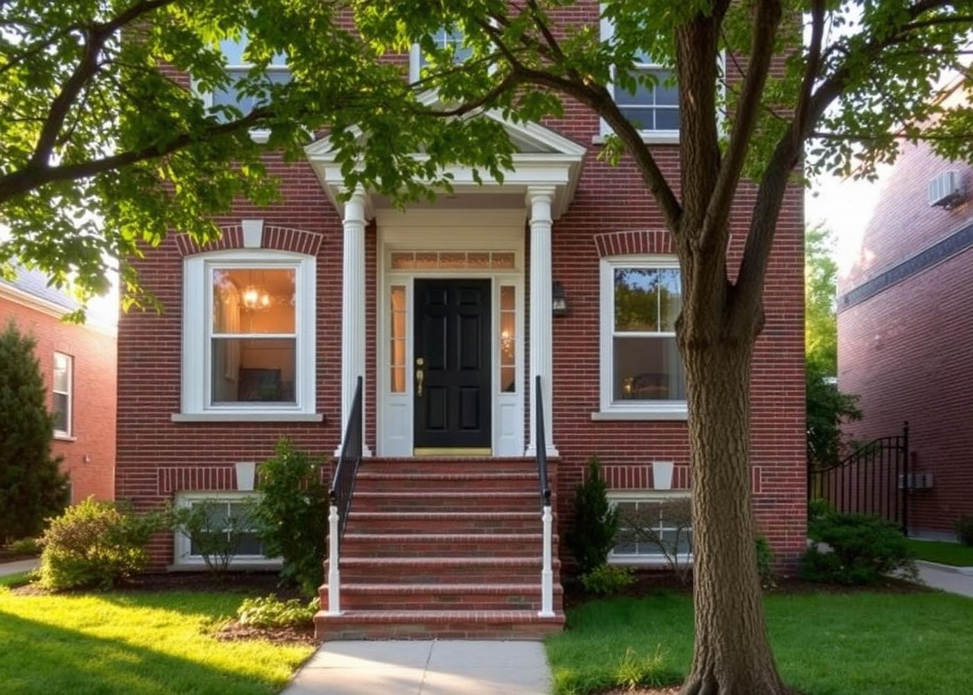 Chicago brick residential home with freshly painted white trim and dark front door